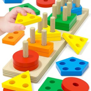 Montessori Toys for 1 2 3 Year Old Boy Girl, Toys for Ages 2-4 Toddlers Kids Baby, 1 2 Year Old Birthday Gifts, Wooden Learning Puzzles Shape Sorter Toy for Toddlers 1-3