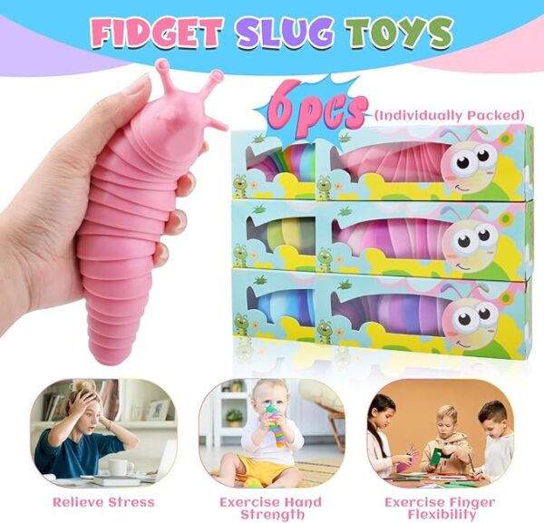 Cevioce 6 Sensory Slug Fidget Toys, Adults & Kids Party Favors, Autism Sensory Toys for 3+ Year Olds - Blue - Image 2