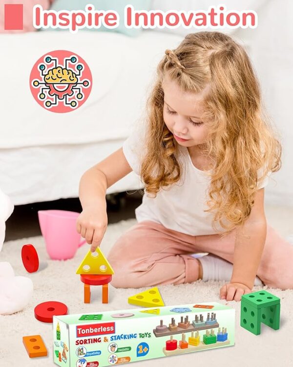 Montessori Toys for 1 2 3 Year Old Boy Girl, Toys for Ages 2-4 Toddlers Kids Baby, 1 2 Year Old Birthday Gifts, Wooden Learning Puzzles Shape Sorter Toy for Toddlers 1-3 - Image 4