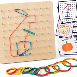 Coogam Wooden Geoboard Mathematical Manipulative Material Array Block Geo Board – Graphical Educational Toys with 30Pcs Pattern Cards and Latex Bands Shape STEM Puzzle Matrix 8x8 Brain Teaser for Kid
