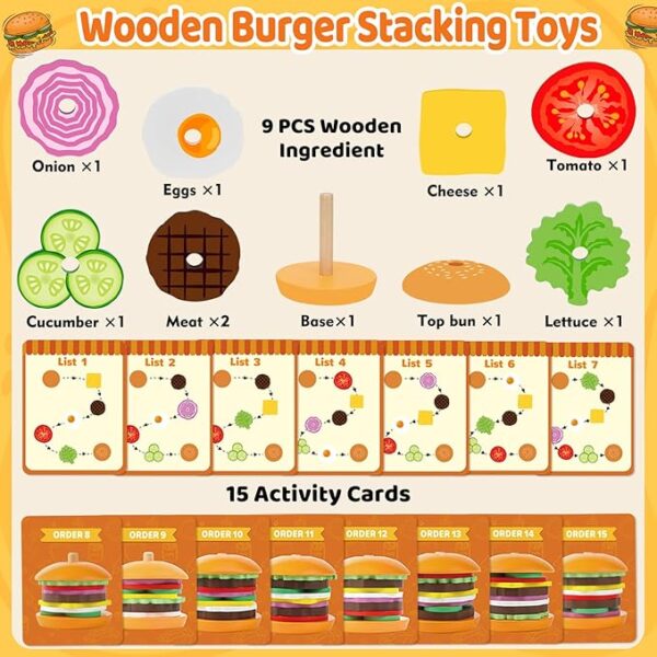 umlys Montessori Toys for 2, 3, 4, 5, Year Old, Wooden Burger Stacking Toys, Fine Motor Toys for Kids Boys Girls, Ideal Preschool Educational and Learning Toys, Perfect Christmas Birthday Gifts - Image 2