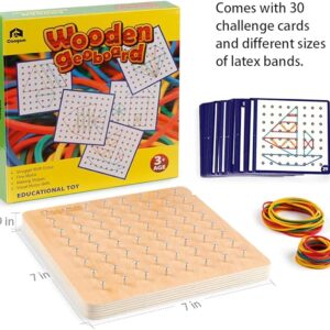 Coogam Wooden Geoboard Mathematical Manipulative Material Array Block Geo Board – Graphical Educational Toys with 30Pcs Pattern Cards and Latex Bands Shape STEM Puzzle Matrix 8×8 Brain Teaser for Kid