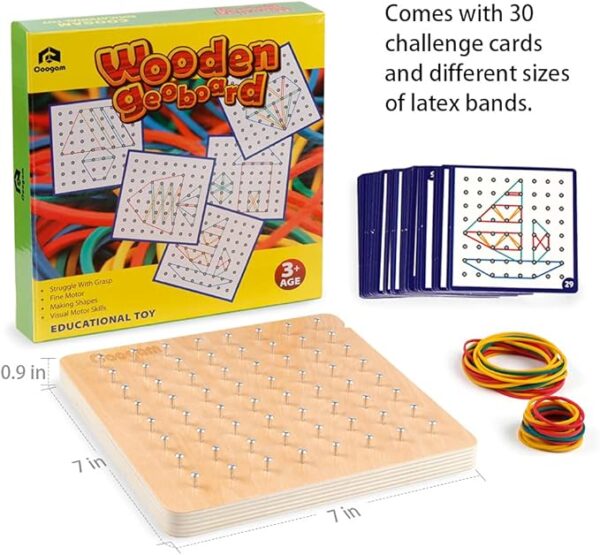 Coogam Wooden Geoboard Mathematical Manipulative Material Array Block Geo Board – Graphical Educational Toys with 30Pcs Pattern Cards and Latex Bands Shape STEM Puzzle Matrix 8x8 Brain Teaser for Kid - Image 2