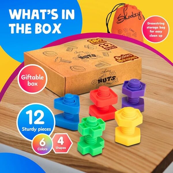 Skoolzy 12 Pc Jumbo Nuts and Bolts - Montessori Set for 18 Month+ Kids – Travel & Motor Skills Development - Image 3