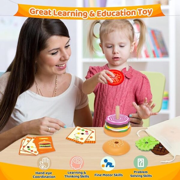 umlys Montessori Toys for 2, 3, 4, 5, Year Old, Wooden Burger Stacking Toys, Fine Motor Toys for Kids Boys Girls, Ideal Preschool Educational and Learning Toys, Perfect Christmas Birthday Gifts - Image 3