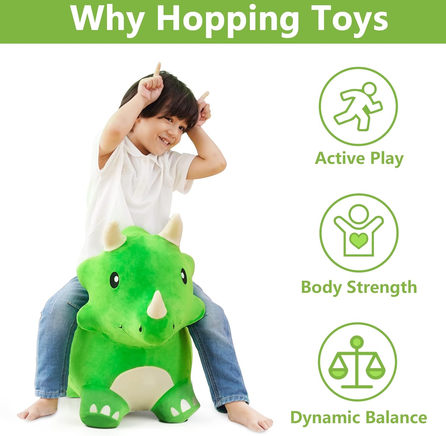 iPlay, iLearn Bouncy Pals Dinosaur Hopper Toy 2 Year Old Boy, Toddler Plush Bounce Animals, Ride on Bouncing Triceratops for Kids, Outdoor Hopping Horse Bouncer, Cool Birthday Gifts 3 4 5 6 Yr Girls - Image 2
