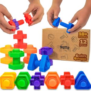Skoolzy 12 Pc Jumbo Nuts and Bolts - Montessori Set for 18 Month+ Kids – Travel & Motor Skills Development